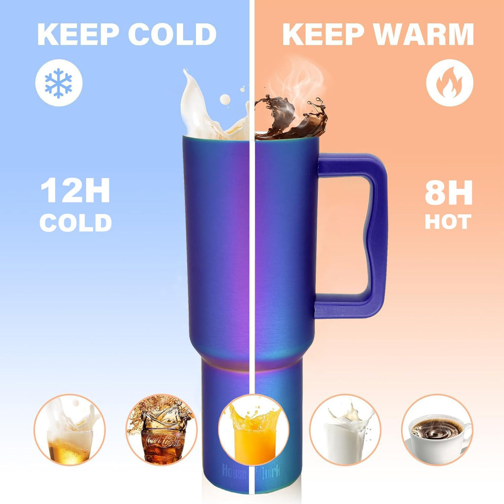 House of Quirk 1200ML Stainless Steel Tumbler with Handle & Lid, 2 Straws – Large Travel Mug Water Cup for Gym, Office & Outdoor Use