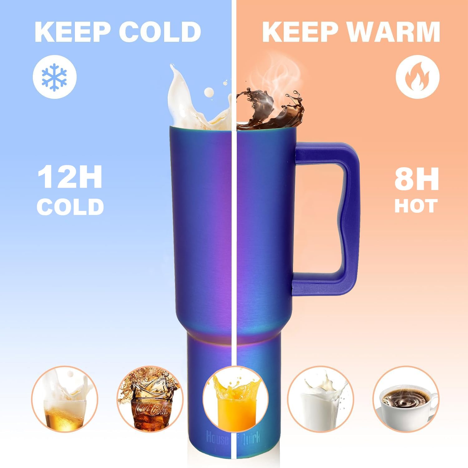 House of Quirk 1200ML Stainless Steel Tumbler with Handle & Lid, 2 Straws – Large Travel Mug Water Cup for Gym, Office & Outdoor Use