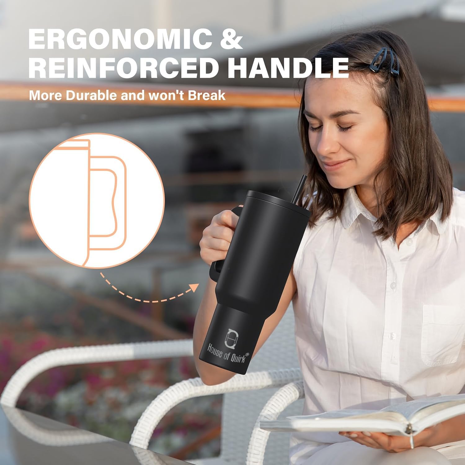 House of Quirk 1200ML Stainless Steel Tumbler with Handle & Lid, 2 Straws – Large Travel Mug Water Cup for Gym, Office & Outdoor Use